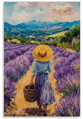 YMHDJYH Lavendelfelder, die sich bis zum Horizont in Südfrankreich erstrecken, eine einsame Figur mit Strohhut und Korb. Wandkunst, Wandkunst, Wandbild, moderne Dekoration, hängende Kunstposter, 60 x