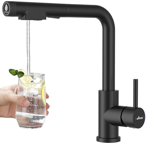 APPASO 3 wege wasserhahn küche Schwarz, küchenarmatur mit ausziehbarer Brause und integriertem Wasserfilter, 3 in 1 Wasserhahn mit 2 Strahlarten 360° Drehbar, 3 Way Faucet Edelstahl Schwarz