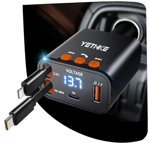 Bluetooth Car Adapter with Retractable Charger, FM Transmitter Bluetooth 5.4 for Cars, 4 in 1 Fast Car Phone Charger 69W, Handsfree Call, 2*Retractable Cable for iPhone 17/16/15/14, Galaxy-Black