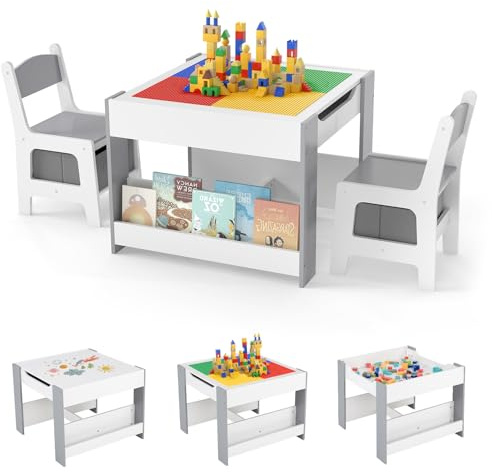 GYMAX Kids Table and Chairs Set, 4 in 1 Children Activity Desk with 2 Chairs, Reversible Tabletop, Bookshelves and Storage Bins, Toddler Building Block Table Set for Boys Girls (White + Gray)