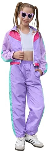 Perfashion Hip Hop Dance Outfits for Girls Neon Purple 80S Seatsuit Tracksuit Jacket Pants Sets Clothes 4 5 T