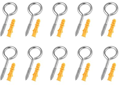 Hooks and Eyes Screw in Set Heavy Duty –10 Pack Stainless Steel Eye Hook with Vine Eye Design .Metal Hook and Eye Hardware for Hanging Plants Garden Wire Self Tapping Eyelet Hooks for Indoor Outdoor