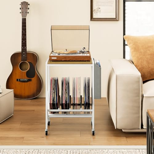 GIANTEX Soporte para Tocadiscos con Ruedas, Mesa Auxiliar con Bolsa Lateral y Divisores para Discos de Vinilo, para hasta 200 LPs, 49,5x30x64cm, Organizador para CD, Álbumes, Revistas (Natural)
