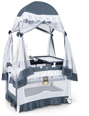 FANTASK 4 in 1 Babybett mit Matratze, Beistellbett mit abnehmbarem Baldachin, Spielbogen & Musikbox, Baby Reisebett mit Rollen, Kinderreisebett für Baby 0-36 Monate (Grau)
