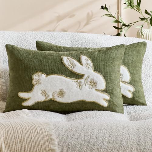 HALANS Pack of 2 Easter Throw Pillow Covers 12x20 Inch Embroidered Bunny Spring Decor Soft Living Room Easter Decorative Pillow Cases (Olive Bunny, 12 x 20 (Pack of 2))