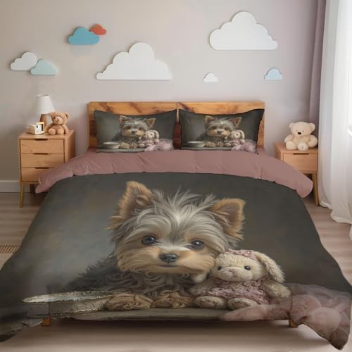 Queen Duvet Cover Set Oil Painting Texture Beddings - Yorkshire Terrier Pattern Print Bedding Quilt Covers Set (1x Quilt Cover, 2 x Pillowcases) Microfibre Bedding Bed Sets 90x 90 ，Gray Brown