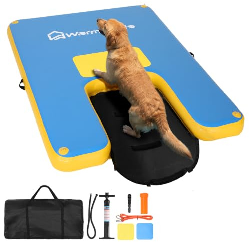 WARMOUNTS Inflatable Dog Ramp Floating Dock for Boat Pool Lake Pet Steps | 244x183cm Water Floating Mat for Adults and Pets, 317kg Capacity Drop-Stitch Swim Platform with Dual-Action Pump and Bag