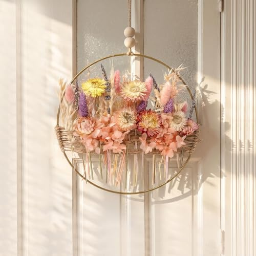 Qivra Torr blomsterkrans färgglad, 25 x 25 cm dörrkransdekoration, gör-det-själv natur torkad blomkrans, ring, vårkrans, sommarkrans, girlang, heminredning, bröllopsdekoration, dörr väggdekoration