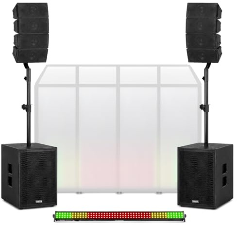 Vonyx Line Array PA System DJ Package with DJ Booth and LED Light Bar, 1600W Active Passive Speaker Setup for Weddings, Churches, Parties and Mobile DJ Events