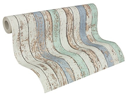 A.S. Création Vliestapete Dekora Natur Tapete in Vintage Holz Optik 10, 05 M x 0, 53 M Blau Braun weiß Made in Germany 959141 95914-1