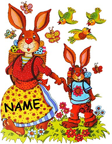 alles-meine.de GmbH Fensterbilder - Hasen mit Osterkorb - Nostalgie - incl. Name - statisch haftend - selbstklebend + wiederverwendbar/Ostern & Frühling - Osterhasen - Stic..