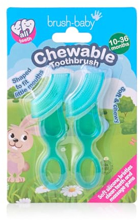 Brush-Baby Chewable Soft Toothbrush for Babies & Toddlers | Stage 2 First Teeth - Teething | Suitable from 10-36 Months | Gently Cleans Baby Teeth and soothes Sore Gums | Teal Colour, Pack of 2