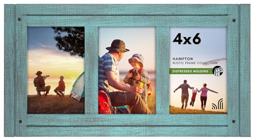 Americanflat Hinged 4x6 Triple Picture Frame with 3 Photo Openings and Polished Glass - Distressed Wood Collage Picture Frames for Tabletop and Wall Display - Hampton Collection - Turquoise Blue