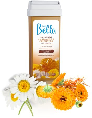 Depil Bella Brazilian Roll On Wax Chamomile and Calendula Depilatory | Body Waxing, Hair Removal Wax-Cartridge | Men and Women | Home Self Waxing | Sensitive Skin | Dermatologically Tested | Painless