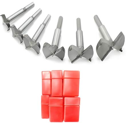 Meichoon Wood Drill Bits 30-60mm 6PCS Forstner Drill Bits Set, Flat Wing Drilling Hole Hinge Cemented Carbide Carbon High Speed Steel Woodworking Drill Punching Bit with Round Shank DC02A