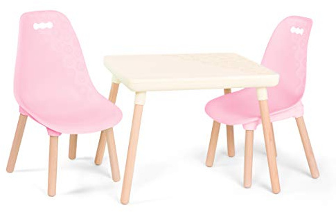 B. spaces barnbord med 2 stolar, barnstolsgrupp – 1 bord och 2 barnstolar med träben för barn från 3 år – barnmöbler, rosa och vit