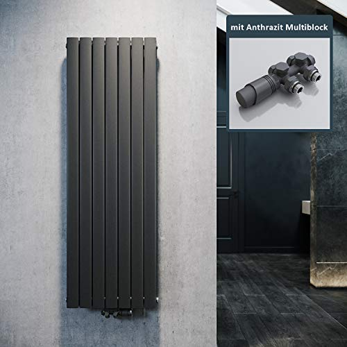 ELEGANT Design Heizkörper Flach 1600x539mm mit Anthrazit Multiblock Thermostat Flachheizkörper Anthrazit Doppellagig Vertikal Heizkörper Mittelanschluss