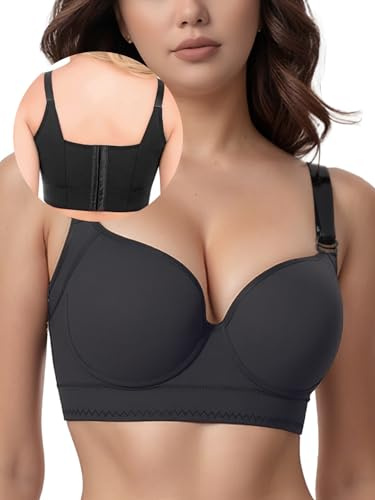 JishinGal Damen Push Up BH Vollständige Abdeckung Nahtloser Bügel Verstecken Rücken Fett Breite Träger Glatt Uplift T-Shirt BH, Schwarz, 85C