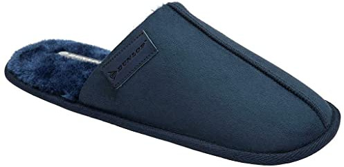 DUNLOP Mens Mule Slippers Soft Faux Suede Fasux Fur Textile Comfy Cosy Slip On Warm Lining Outdoor Sole UK 7-12 (UK, Count Mule Navy, 8)