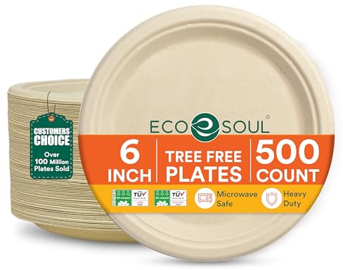 ECO SOUL Compostable Paper Plates 6 Inch, 500 Pack – Small Disposable Dessert Plates, Heavy Duty, Natural Bagasse, Leak-Resistant, Microwave Safe, Eco-Friendly Round Appetizer Plates for Party & BBQ