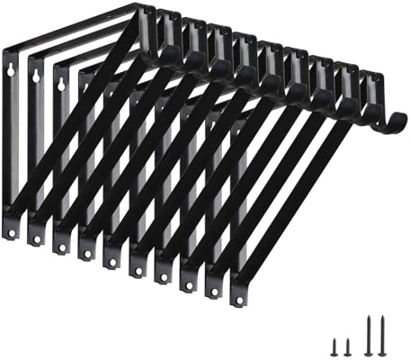 HOME MASTER HARDWARE Heavy Duty Closet Shelf Rod Brackets 10 Pack,Wall Mounted Closet Shelves Support Brace with Hook,10-3/4 in Black Bracket with Screws