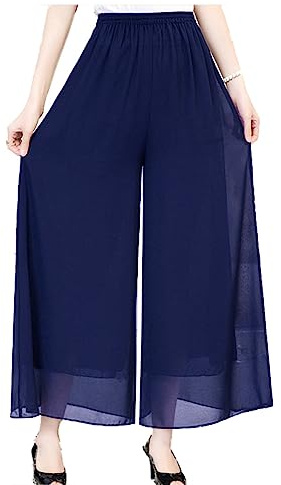 Fakanhui Damen Chiffon Wide Leg Palazzo Pants Hohe Elastische Taille Casual Flowy Business Hosen