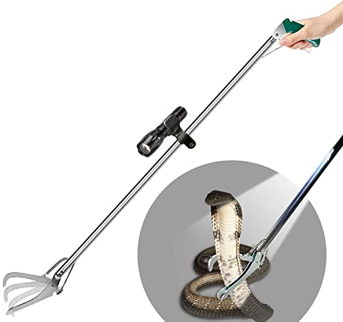 IC ICLOVER 47 Professional Snake Tongs, with Flashlight for Night Use, Heavy Duty Reptile Grabber Tool Rattle Snake Catcher, Professional Wide Jaw Snake Handling Tool with Lock, Non-Slip Grip Handle