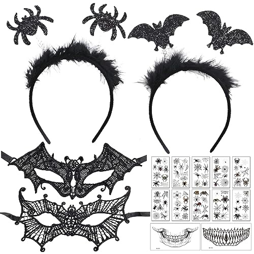 KOIROI Halloween Haarband, 7 Stück Halloween Fasching Kostüm Karneval Party Accessoire mit Fledermaus Haarreif, Halloween Spinne Haarband, Spitze Maske, Halloween Mund Tattoo für Halloween Cosplay