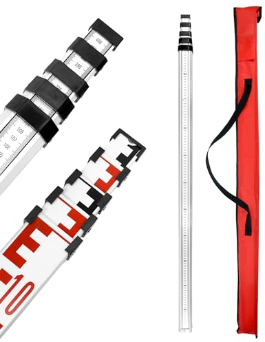 QWORK® 5 Abschnitte Teleskop-Nivellierlatte Ausziehbar bis 5 m, Teleskopstange Laser-Grade-Stab mit Ansteckbare Dosenlibelle
