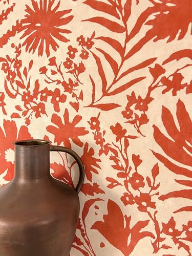 Newroom Vliestapete Rot Blumentapete Boho Landhaus Wohnzimmer | Terrakotta-rote Blumensilhouetten auf cremeweißem Fond, feine Leinenstruktur, matt, Retro, Natural, Mustertapete Flur