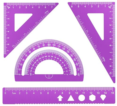 MSDADA Set di 4 righelli in lega di alluminio, goniometro, triangolo, matematica, geometria, set di strumenti, scala righello per studenti, insegnanti, ingegneri e disegnatori (viola)