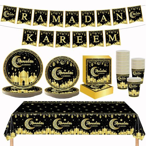 Ramadan Mubarak - Set di stoviglie per Ramadan Eid Mubarak, piatti, bicchieri, tovaglioli, striscioni, decorazioni per feste Ramadan, Eid Mubarak, per 24 ospiti (nero, oro)