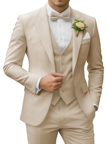 SPTALLFITJSV Costume 3 pièces pour Homme - Coupe ajustée - Blazer à Deux Boutons - Gilet et Pantalon - pour Mariage, Bal de Fin d'année, fête, Beige, Taille M