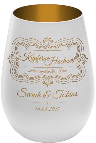 Windlicht mit Gravur ''7 Jahre Kupferne Hochzeit'' - Weiß/Gold - Glas Teelichthalter personalisierbar mit Wunschtext - Geschenk zu Hochzeit Jahrestag Jubiläum