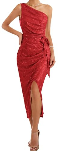 GRACE KARIN Women Sequined Off-Shoulder Party Dresses Oblique Neck Maxi Wrap Dress for Wedding Guests Red S