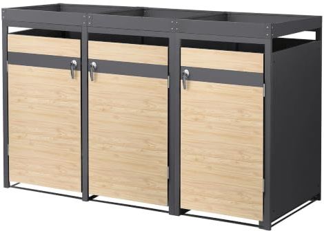 ML-Design Mülltonnenbox 3er 240L mit Pflanzdach, Mülltonnenverkleidung für 3 Mülltonnen, Müllbox wetterfest Mülltonnenhaus aus Stahl, Müllcontainer, abschließbare Tür 200x80x124 cm Anthrazit-Holzoptik