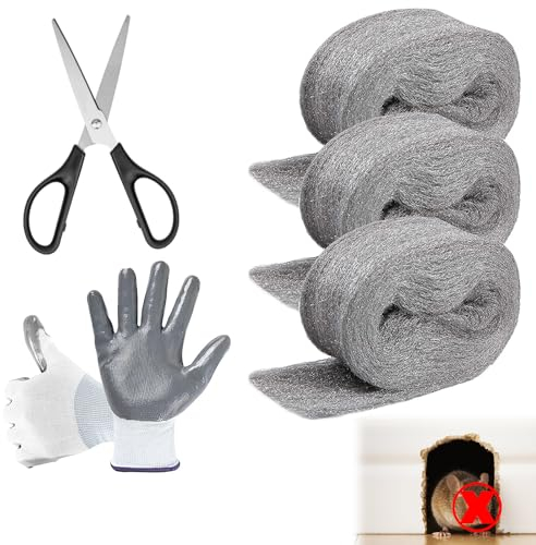 Klfte Steel Wool for Mice Control - 3 Pack, 3.2x7.5 ft Wool, Gap Filler for Home & Garage, DIY Bundle with Gloves & Scissors