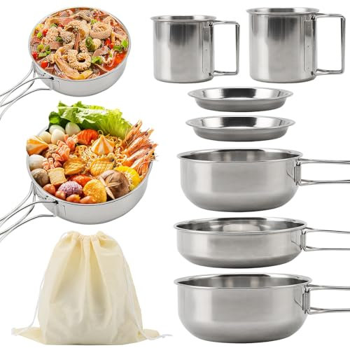 Zjyufy 7pcs Camping Cookware Set 2-3 People, Camping Pan Pot Set with Cup and Tableware, Portable Stainless Steel Camping Cooking Set Outdoor Traveling Cooking Utensils Kit for Trekking Hiking BBQ