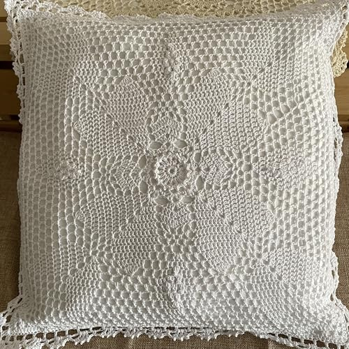 MINDPLUS Cotton Hand Crochet Lace Throw Pillow Cushion Cover Decorative Handcraft Pillowcase 15.7 x15.7 inch Floral Pattern Vintage Rural Style (A White)