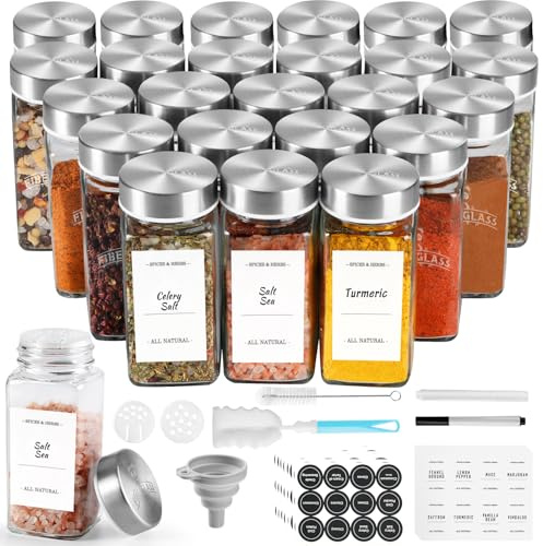 SXTIHD Pots à Épicesen Verre Carré, 24×120ml Ensemble de Bocaux à Épices avec Couvercle en Acier Inoxydable Conteneurs de Rangement pour Épices, Étiquette