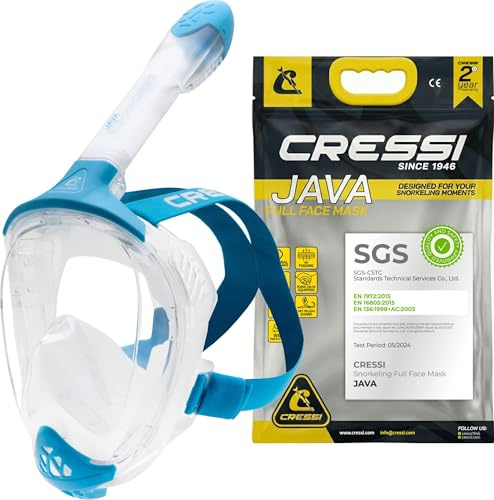 CRESSI Java Full Face Mask Clear/Blue S/M - Maschera Snorkeling Integrale Compact Fit Unisex, Lente Ultra Chiara Anti Fog, 100% Silicone, Snorkel Dry con Valvole Sicurezza, Trasparente/Blu, S/M