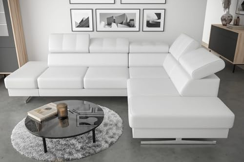 Friderik Ecksofa Emporio Ledersofa 225×300 cm verstellbare Kopfstützen Silberne Beine Leder (Weiß, Rechts)