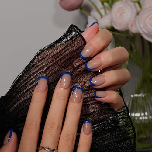 KQueenest Press on Nails Kurz French Tip – 30 Stück Königsblau Nägel zum Aufkleben Kurz Eckig, French Tip Fake Nails, Quadratische Künstliche Nägel Set für Frauen