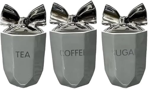 Kitchen Storage Jars, Ceramic Tea Coffee Sugar Canisters with Silver Bow Lid, 15 x 11 cm, 3-Piece Set (Grey)