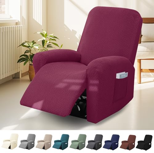 BOUFEIDA 4-Teilig Sessel Überzug, 1-Sitzer Sesselschoner mit Taschen | All-Inclusive Streifen-Jacquard Sesselschoner für Fernsehsessel Relaxsessel Sesselhusse, Anti-Rutsch & High Stretch
