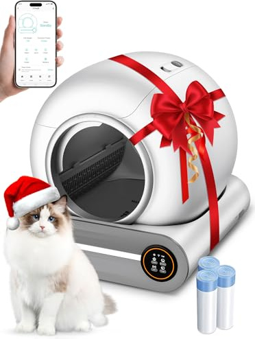 Lettiera Automatica, Lettiera Robot Autopulente Aggiornata per Gatti Multipli, 65L+9L Extra Large, Con Sterilizzazione e Deodorizzazione a Ioni Negativi, Controllo tramite APP, 3 Rotoli di Fodere per