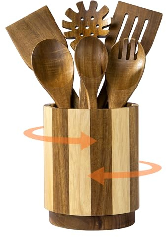 Fyctio Wooden Utensil Holder, 360° Rotating Acacia Wood Kitchen Utensil Holder for Countertop, 7.2 Non-Slip Large Utensil Holder for Kitchen, Farmhouse Countertop Decor, Spatula Holders, Stripes
