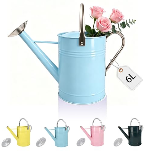Bote de agua decorativo azul de 1.7 galones con boquilla extraíble, regadera galvanizada para plantas de interior y exterior, regadera de metal perfecta para plantas de interior y flores de jardín