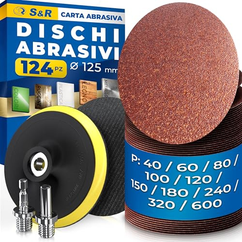 S&R Carta Vetrata Professionale 125mm. Set 120 Dischi Abrasivi 125 mm Grana 40 60 80 100 120 180 240 320 600 Dischi Levigatrice orbitale e smerigliatrice. kit con 2 Platorelli e 2 Adattatori M14