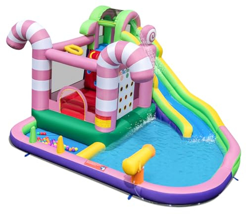 GYMAX Inflatable Water Park, 9 in 1 Kids Bouncy Castle with Slide, Climbing Wall, Water Cannon, Tic Tac Toe Game, Ball Pit & Basketball Hoop, Children Jumping House for 3-10 Years Old, 425x375x225cm | with Slide, Climbing Wall, Water Cannon, Tic Tac Toe Game, Children Jumping House for 3-10 Years Old